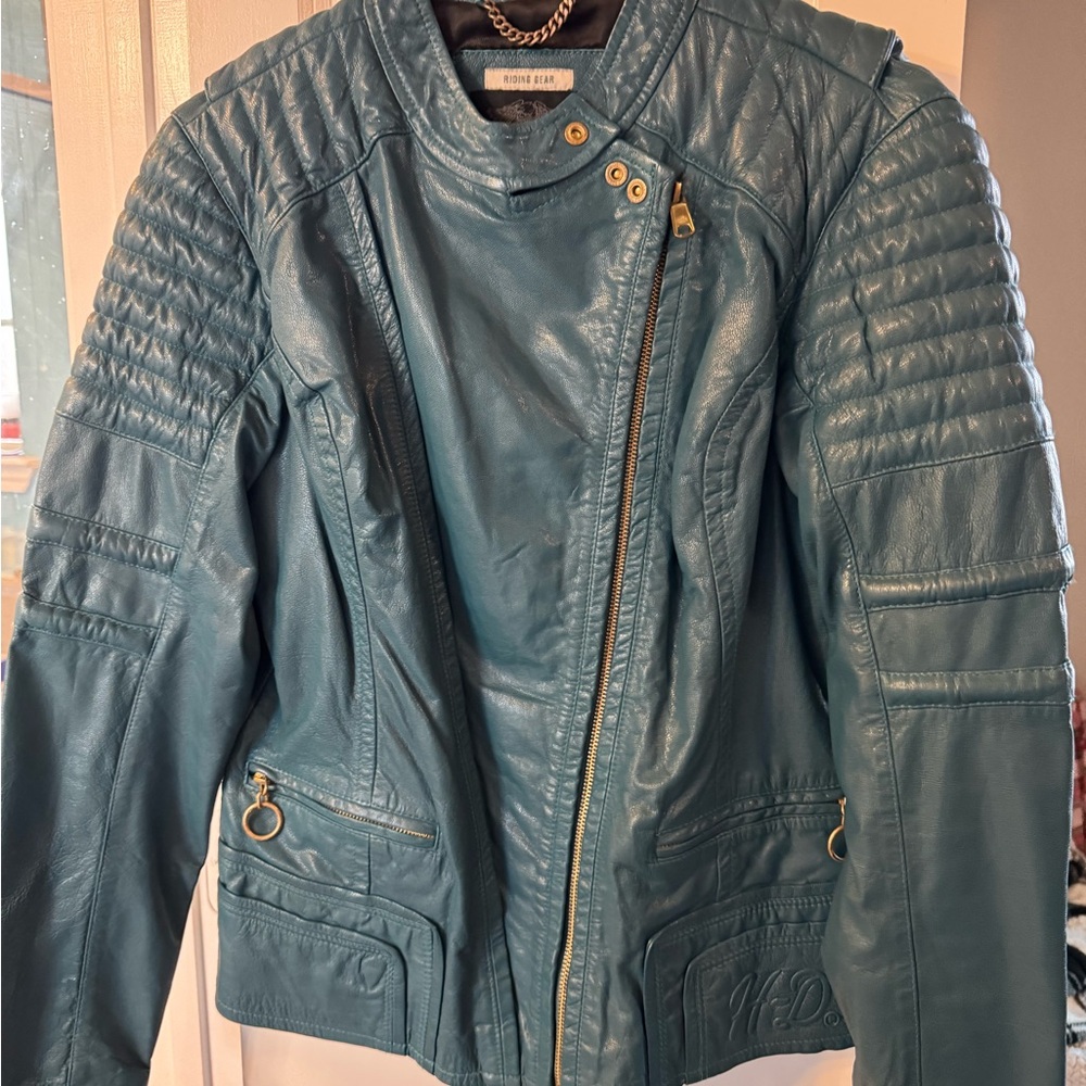 Women's Harley Davidson Teal Leather Bike Jacket